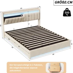 Lit double 160x200 cm en velours beige avec éclairage LED RGB, ports USB & Type-C, tête de lit avec rangement et 4 tiroirs