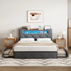 Lit double 140x190 cm en velours gris avec LED,USB, sommier à lattes, tête de lit rangement et 4 tiroirs, Velours, Beige
