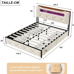 Lit double 140x190 cm en velours gris avec LED,USB, sommier à lattes, tête de lit rangement et 4 tiroirs, Velours, Beige