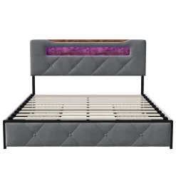 Lit double 140x190 cm en velours gris avec LED,USB, sommier à lattes, tête de lit rangement et 4 tiroirs, Velours, Beige