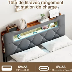 Lit double 140x190 cm en velours gris avec LED,USB, sommier à lattes, tête de lit rangement et 4 tiroirs, Velours, Beige