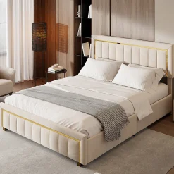 Lit double 160x200 cm en velours avec bordure dorée, tête de lit capitonnée, lit coffre avec espace de rangement, Beige