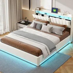 Lit double 140x200 cm en velours beige avec éclairage LED RGB, ports USB & Type-C, tête de lit avec rangement