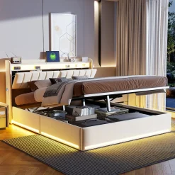 Lit double 140x200 cm en velours beige avec éclairage LED RGB, ports USB & Type-C, tête de lit avec rangement