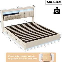 Lit double 140x200 cm en velours beige avec éclairage LED RGB, ports USB & Type-C, tête de lit avec rangement