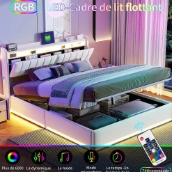 Lit double 140x200 cm en velours beige avec éclairage LED RGB, ports USB & Type-C, tête de lit avec rangement