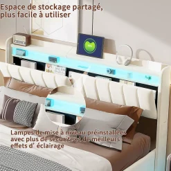 Lit double 140x200 cm en velours beige avec éclairage LED RGB, ports USB & Type-C, tête de lit avec rangement