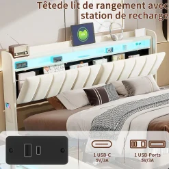 Lit double 140x200 cm en velours beige avec éclairage LED RGB, ports USB & Type-C, tête de lit avec rangement