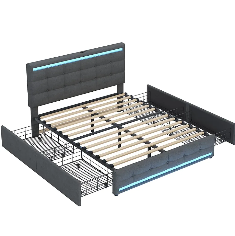 Lit double 140x200 cm gris tissu avec LED, 4 tiroirs, 2 ports USB, cadre avec tête et pied LED, Lit plateforme avec rangement