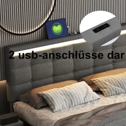 Lit double 140x200 cm gris tissu avec LED, 4 tiroirs, 2 ports USB, cadre avec tête et pied LED, Lit plateforme avec rangement