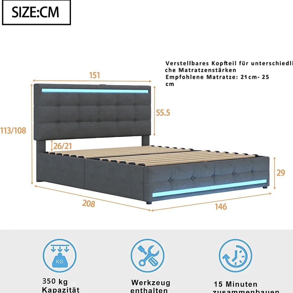 Lit double 140x200 cm gris tissu avec LED, 4 tiroirs, 2 ports USB, cadre avec tête et pied LED, Lit plateforme avec rangement