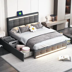 Lit double 140x200 cm gris tissu avec LED, 4 tiroirs, 2 ports USB, cadre avec tête et pied LED, Lit plateforme avec rangement