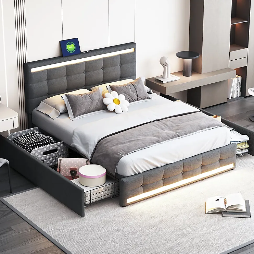 Lit double 140x200 cm gris tissu avec LED, 4 tiroirs, 2 ports USB, cadre avec tête et pied LED, Lit plateforme avec rangement