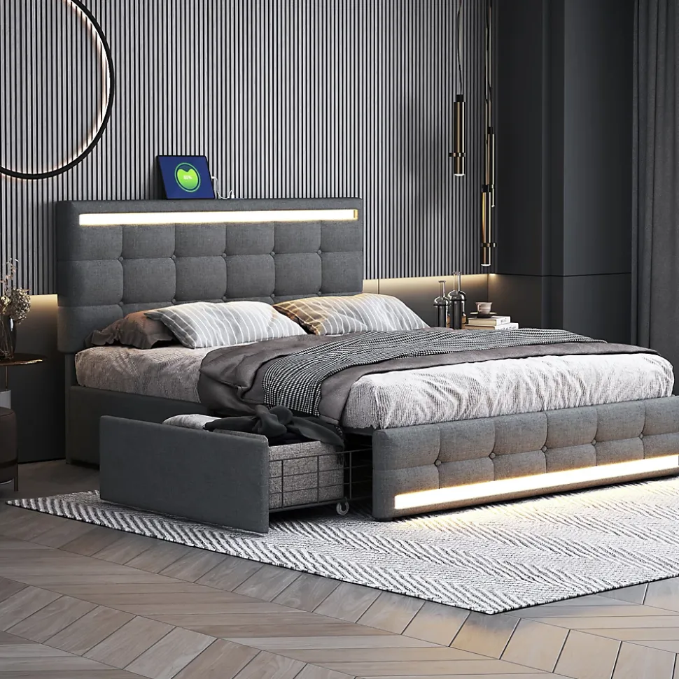 Lit double 140x200 cm gris tissu avec LED, 4 tiroirs, 2 ports USB, cadre avec tête et pied LED, Lit plateforme avec rangement