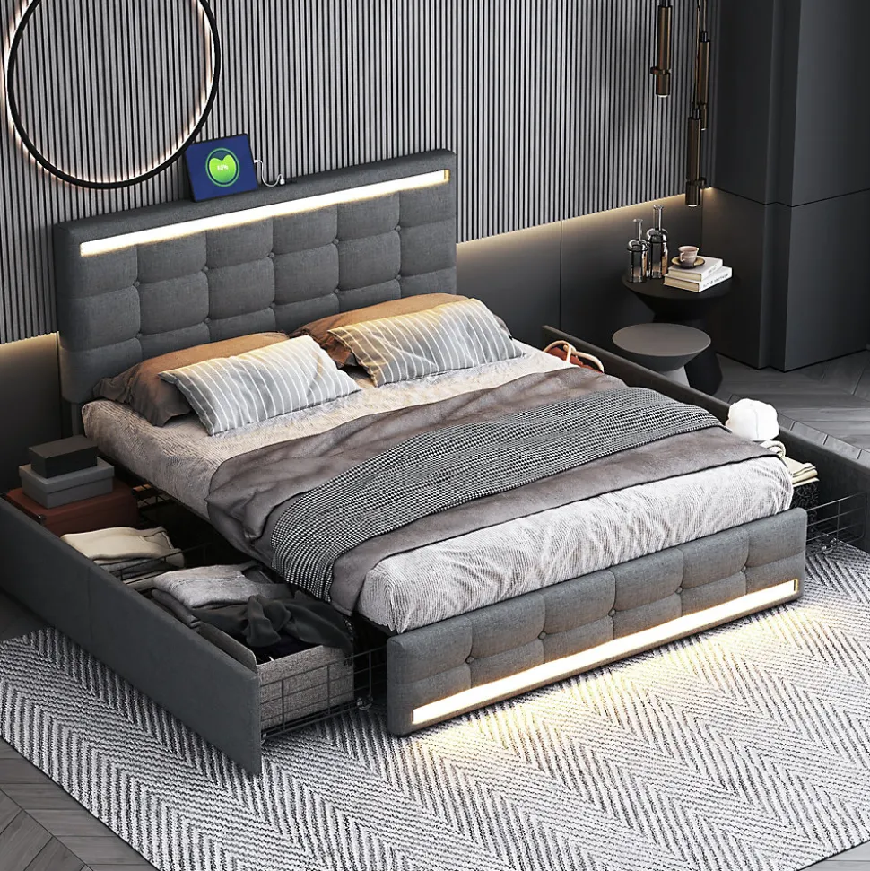 Lit double 140x200 cm gris tissu avec LED, 4 tiroirs, 2 ports USB, cadre avec tête et pied LED, Lit plateforme avec rangement
