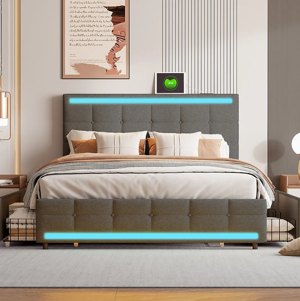 Lit double 140x200 cm, LED, 4 tiroirs, tête de lit avec USB, tissu lin gris