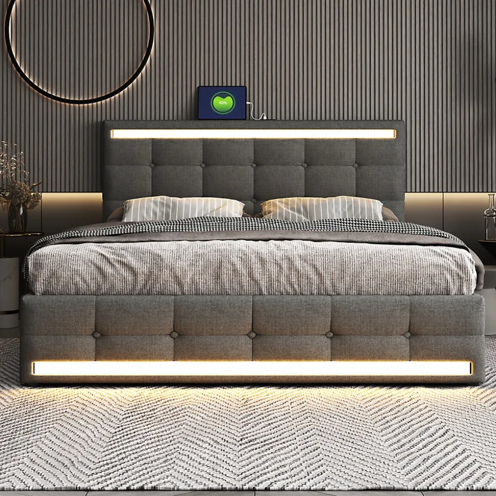 Lit double 140x200 cm, LED, 4 tiroirs, tête de lit avec USB, tissu lin gris
