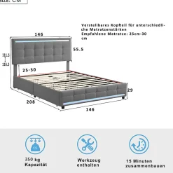 Lit double 140x200 cm, LED, 4 tiroirs, tête de lit avec USB, tissu lin gris