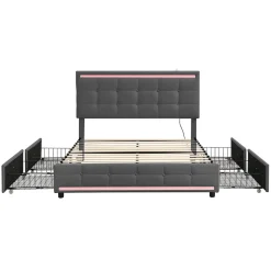 Lit double 140x200 cm, LED, 4 tiroirs, tête de lit avec USB, tissu lin gris