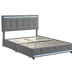 Lit double 140x200 cm, LED, 4 tiroirs, tête de lit avec USB, tissu lin gris