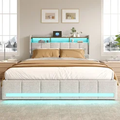 Lit double 160x200 cm lin beige avec LED, 4 tiroirs métal, rangement tête de lit et ports USB/Type-C - Moderne et fonctionnel