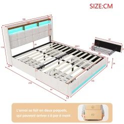 Lit double 160x200 cm lin beige avec LED, 4 tiroirs métal, rangement tête de lit et ports USB/Type-C - Moderne et fonctionnel