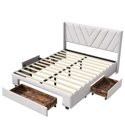 Lit double 160x200 cm lin beige avec 3 tiroirs, cadre rembourré, Tissu doux, confortable et facile à entretenir