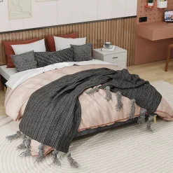 Lit Double 160x200 cm, Lit Adulte et Ado avec Cadre Bas Minimaliste, Design Stable en Velours Hollandais Gris, Sans Matelas