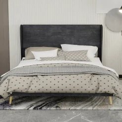 Lit Double 160x200 cm, Lit Adulte avec Tête de Lit Douce et Cadre Bas, Velours et Métal, Gris, sans Matelas