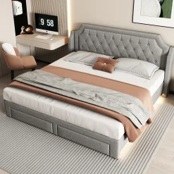 Lit Double 180x200 cm, Lit Capitonné avec LED et 2 Tiroirs, Structure en Tissu Lin et Métal, Gris - Sans Matelas