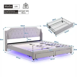 Lit Double 180x200 cm, Lit Capitonné avec LED et 2 Tiroirs, Structure en Tissu Lin et Métal, Gris - Sans Matelas