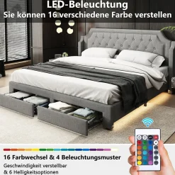 Lit Double 180x200 cm, Lit Capitonné avec LED et 2 Tiroirs, Structure en Tissu Lin et Métal, Gris - Sans Matelas