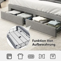 Lit Double 180x200 cm, Lit Capitonné avec LED et 2 Tiroirs, Structure en Tissu Lin et Métal, Gris - Sans Matelas