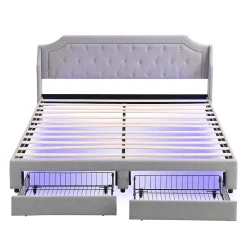 Lit Double 180x200 cm, Lit Capitonné avec LED et 2 Tiroirs, Structure en Tissu Lin et Métal, Gris - Sans Matelas