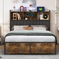 Lit Double 160x200 Cm, Lit Capitonné Avec LED Et Prises USB, Pu Tête De Lit Avec Rangement, Noir