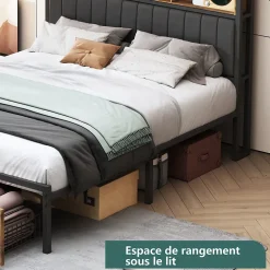 Lit Double 160x200 Cm, Lit Capitonné Avec LED Et Prises USB, Pu Tête De Lit Avec Rangement, Noir