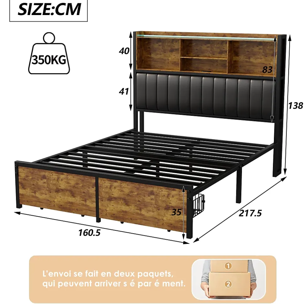 Lit Double 160x200 Cm, Lit Capitonné Avec LED Et Prises USB, Pu Tête De Lit Avec Rangement, Noir