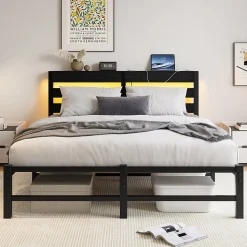 Lit Double 140x190 cm, Lit Métal Ado avec Éclairage LED et Prises USB, Rangement Sous le Lit, Sans Matelas, Métal et Bois, Noir