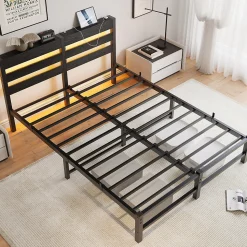Lit Double 140x190 cm, Lit Métal Ado avec Éclairage LED et Prises USB, Rangement Sous le Lit, Sans Matelas, Métal et Bois, Noir