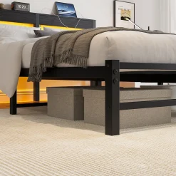 Lit Double 140x190 cm, Lit Métal Ado avec Éclairage LED et Prises USB, Rangement Sous le Lit, Sans Matelas, Métal et Bois, Noir