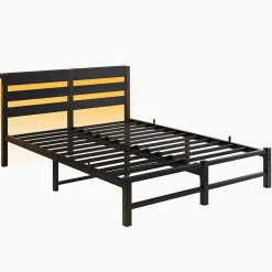 Lit Double 140x190 cm, Lit Métal Ado avec Éclairage LED et Prises USB, Rangement Sous le Lit, Sans Matelas, Métal et Bois, Noir