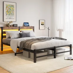 Lit Double 140x200 cm, Lit Métal Ado avec Éclairage LED et Prises USB, Rangement dessous, Sans Matelas, Métal et Bois, Noir, Brun