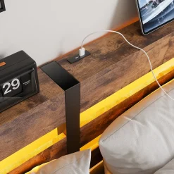 Lit Double 140x200 cm, Lit Métal Ado avec Éclairage LED et Prises USB, Rangement dessous, Sans Matelas, Métal et Bois, Noir, Brun