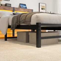 Lit Double 140x200 cm, Lit Métal Ado avec Éclairage LED et Prises USB, Rangement dessous, Sans Matelas, Métal et Bois, Noir, Brun