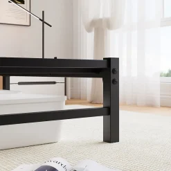 Lit Double 140x200 cm, Lit Métal Ado avec Éclairage LED et Prises USB, Rangement dessous, Sans Matelas, Métal et Bois, Noir