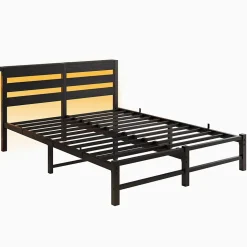 Lit Double 140x200 cm, Lit Métal Ado avec Éclairage LED et Prises USB, Rangement dessous, Sans Matelas, Métal et Bois, Noir