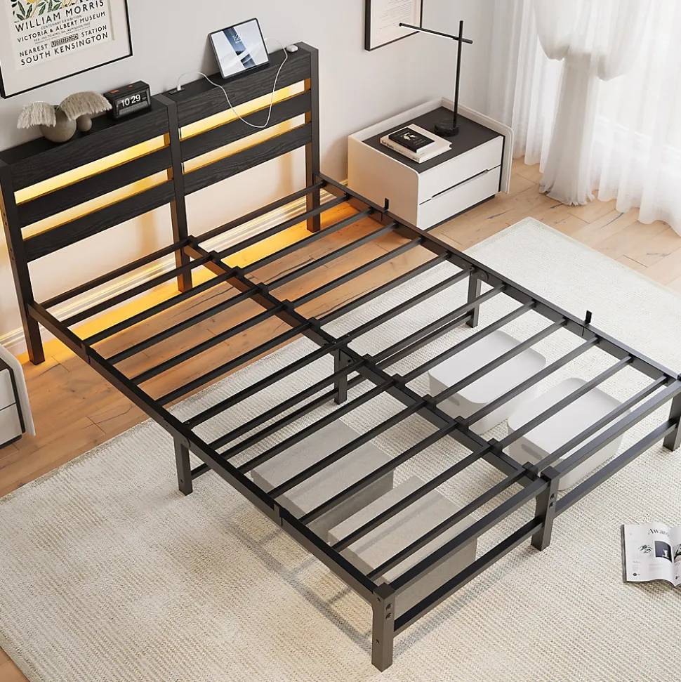 Lit Double 140x200 cm, Lit Métal Ado avec Éclairage LED et Prises USB, Rangement dessous, Sans Matelas, Métal et Bois, Noir