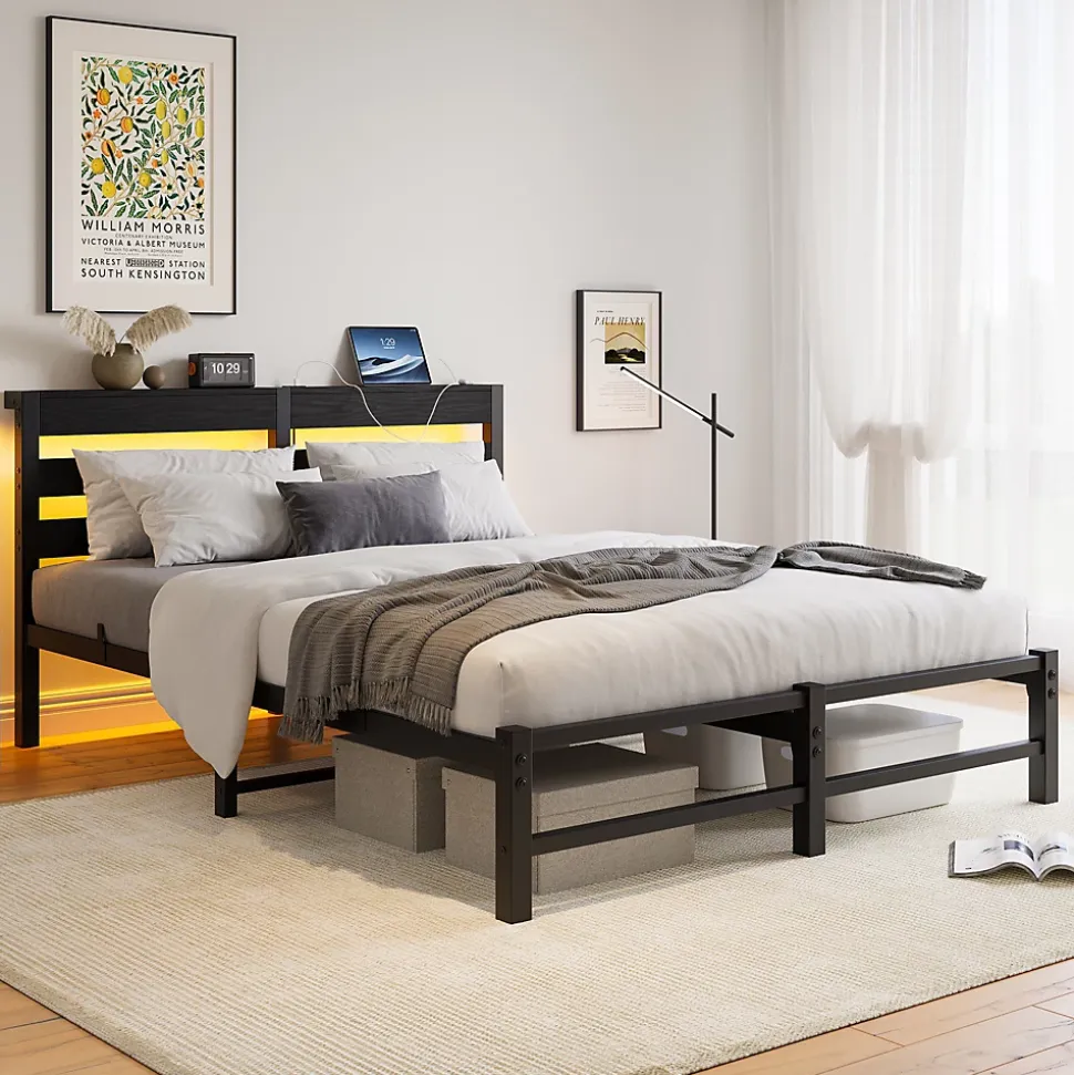 Lit Double 140x200 cm, Lit Métal Ado avec Éclairage LED et Prises USB, Rangement dessous, Sans Matelas, Métal et Bois, Noir