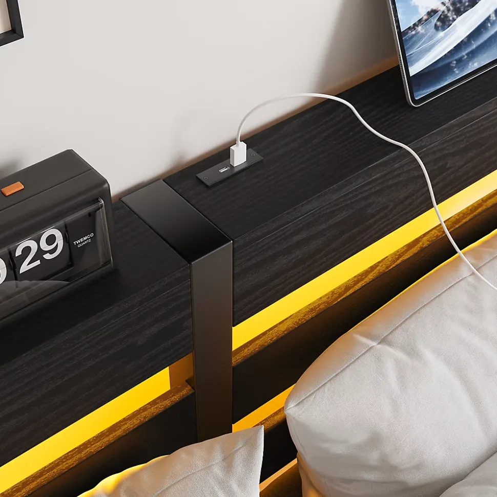 Lit Double 140x200 cm, Lit Métal Ado avec Éclairage LED et Prises USB, Rangement dessous, Sans Matelas, Métal et Bois, Noir