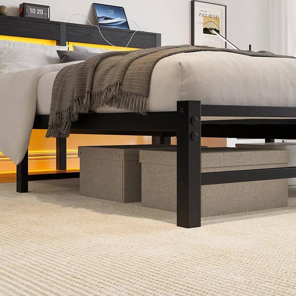 Lit Double 140x200 cm, Lit Métal Ado avec Éclairage LED et Prises USB, Rangement dessous, Sans Matelas, Métal et Bois, Noir